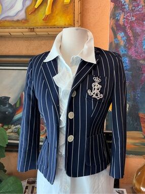 RALPH‎ LAUREN Navy Pinstripe Crest Blazer Jacket Size 4P Preppy Equestrian